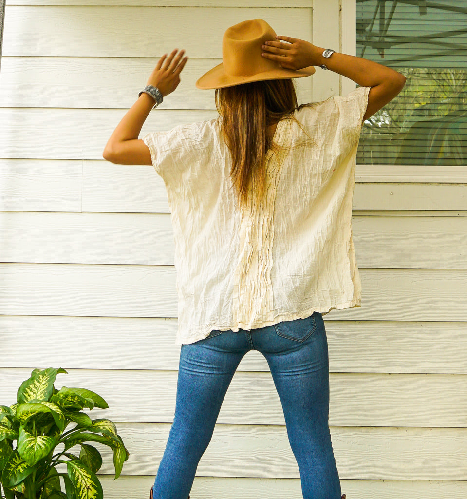 Tan Smokey raw crinkled cotton gauze blouse, lightweight and breathable top with textured fabric and relaxed fit.