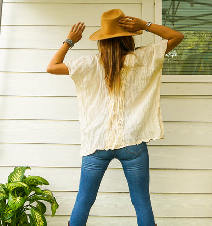 Tan Smokey raw crinkled cotton gauze blouse, lightweight and breathable top with textured fabric and relaxed fit.