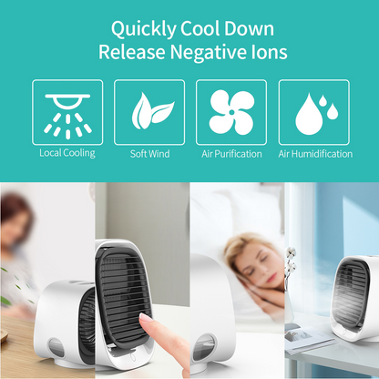 Teal Simba portable USB air cooler fan, compact mini desktop air conditioner for home and garden use, shown on a desk.