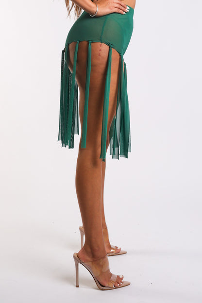 Green fringed mesh shorts by Puce Juniper, sexy and stylish, perfect for party-ready looks.
