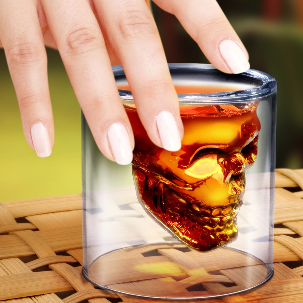 Fuchsia Molly Doomed Skull Shot Glass, clear drinkware with a detailed skull design, ideal for themed parties and collectibles.