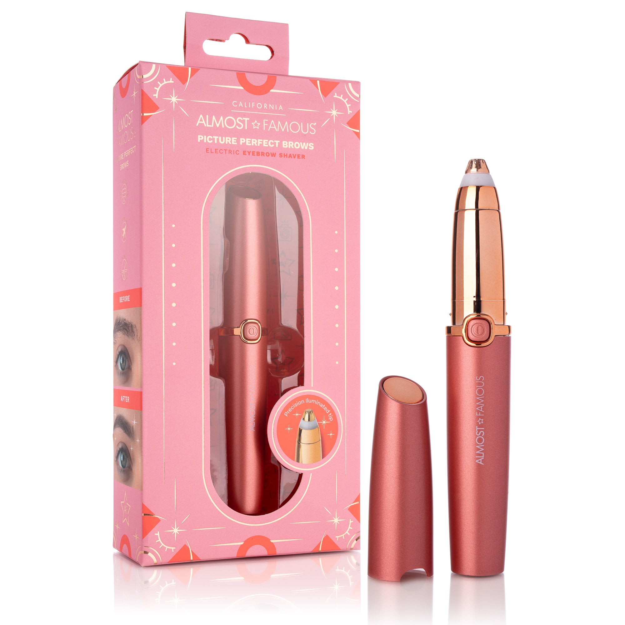 Sky Blue Thrace Almost Famous Precision Brow Shavers with rose gold accents for detailed eyebrow grooming and skincare.