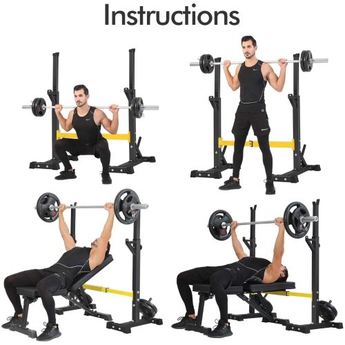 Teal Simba squat rack stand with barbell, free press bench, and dumbbell racks for home gym strength training equipment