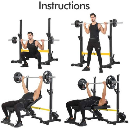 Teal Simba squat rack stand with barbell, free press bench, and dumbbell racks for home gym strength training equipment