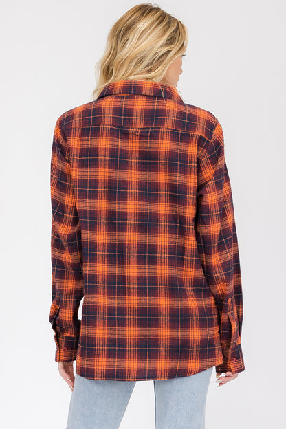 Lime Milo oversized boyfriend plaid checkered flannel top, casual long-sleeve blouse in red and black checkered pattern.
