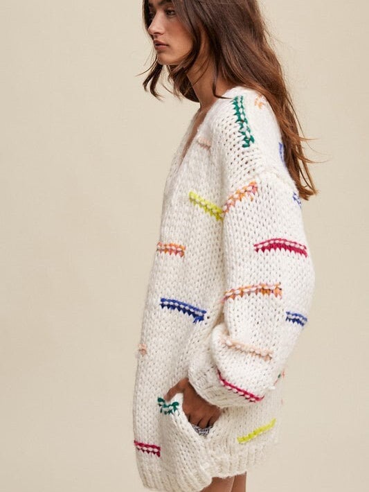 Hand-crochet boho open front chunky cardigan sweater by Champagne Erebus, featuring textured knit and relaxed fit.
