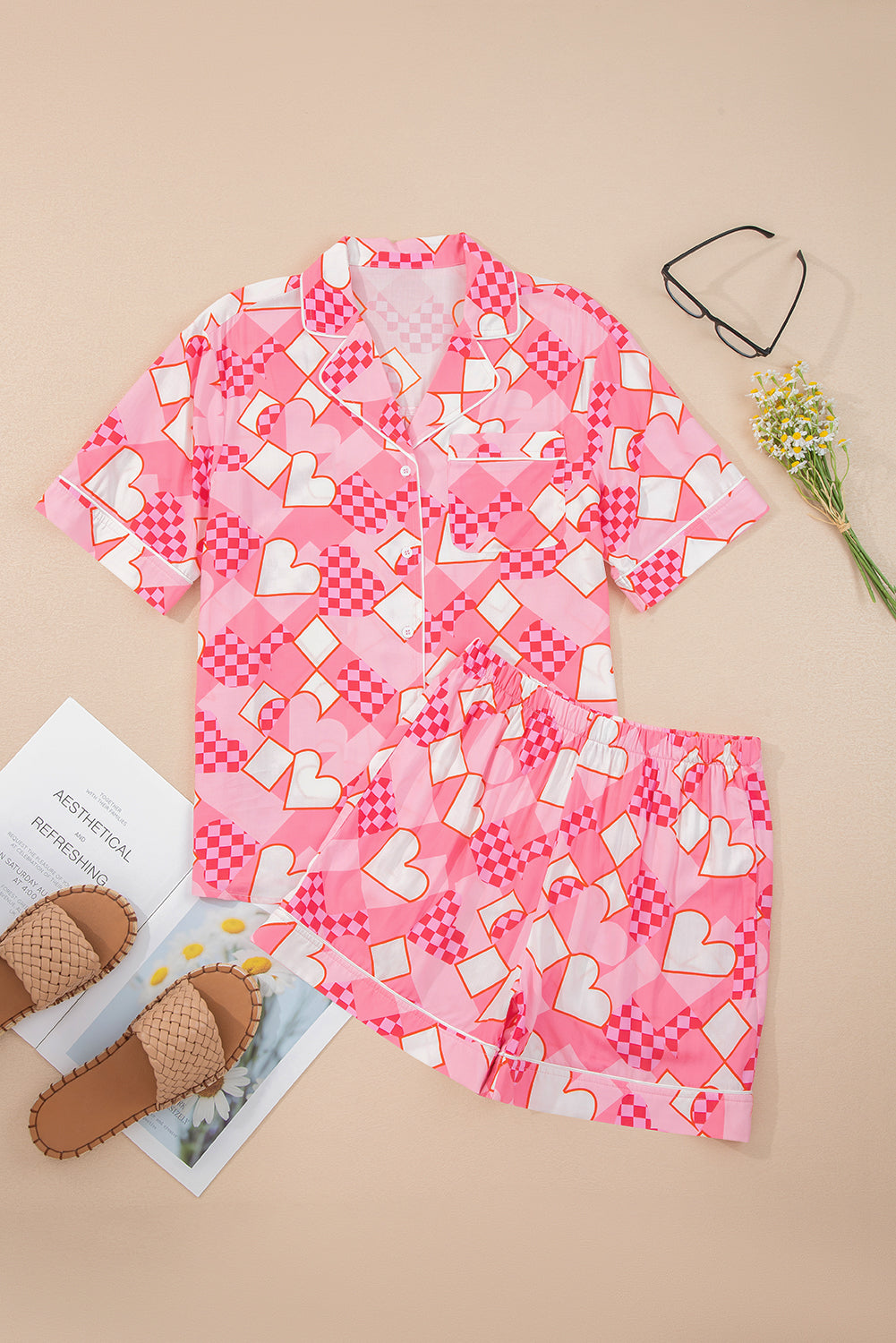 Byzantium Bay Valentine Heart pajama set featuring a heart-patterned shirt and matching shorts for women.