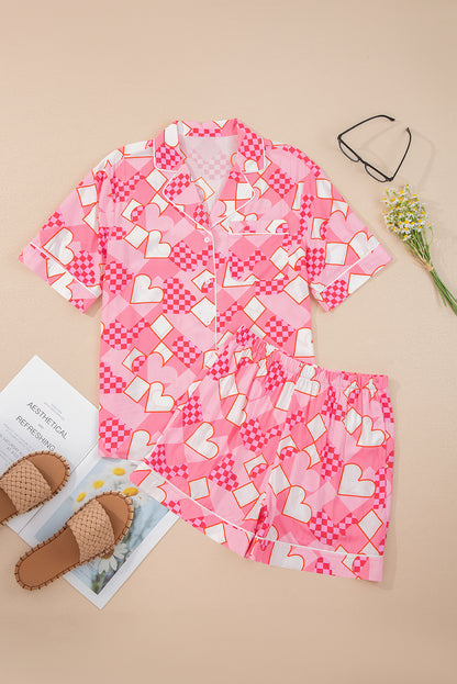 Byzantium Bay Valentine Heart pajama set featuring a heart-patterned shirt and matching shorts for women.