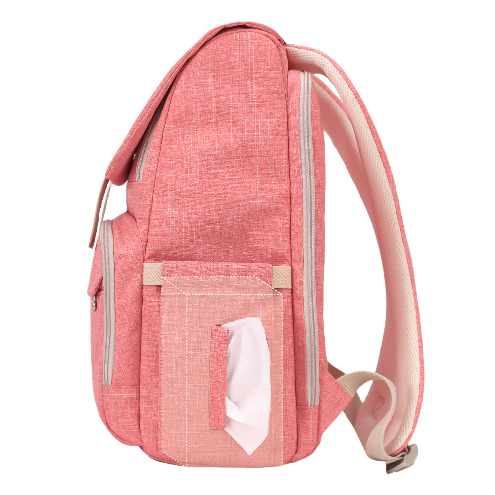 Maroon Chronos canvas diaper bag travel backpack with multiple compartments and adjustable straps, designed for parent on-the-go.
