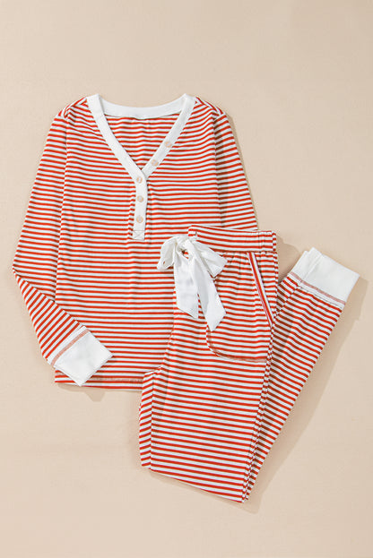 Byzantium Bay Christmas stripe top and pants lounge set featuring festive red and green stripes, comfortable matching sleepwear.