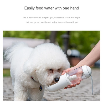 Lilac Milo outdoor travel pet water dispenser with bottle and spill-proof water tray for dogs and cats.