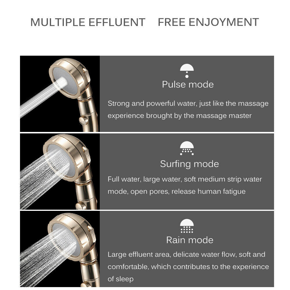 Golden Teal Simba water-saving shower head with three spray modes for bath and beauty use, shown in the image.