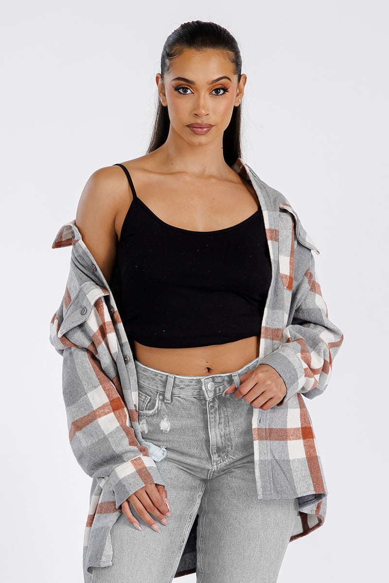 Lime Milo Boyfriend oversized soft flannel shacket in plaid, casual jacket with button closure and relaxed fit, front pockets.