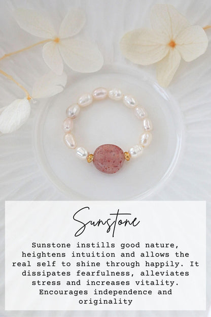 Elastic rings by Ultramarine Birch featuring natural crystals and freshwater pearls, showcasing elegant, handcrafted jewelry.