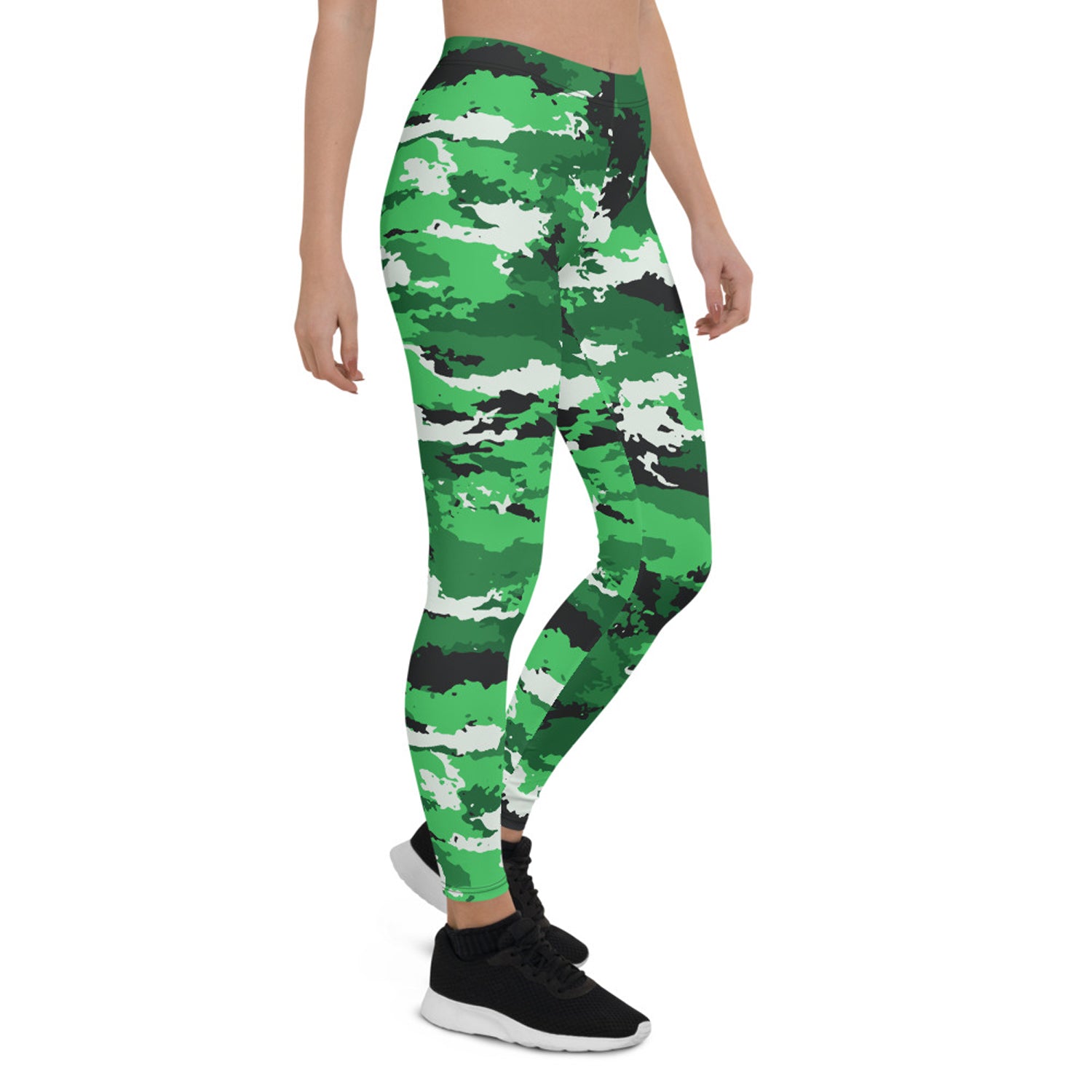 Green camo leggings for women by Maroon Sooty, activewear style, showing the fitted, stretchy fabric and camouflage pattern.