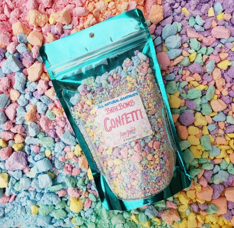 Colorful Orchid Missy Bath Bomb Confetti in a clear container, perfect for relaxing bath and beauty routines.