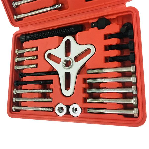 Lilac Milo 46-piece bearing puller set for harmonic balancer and steering wheel removal, including various tools and accessories.