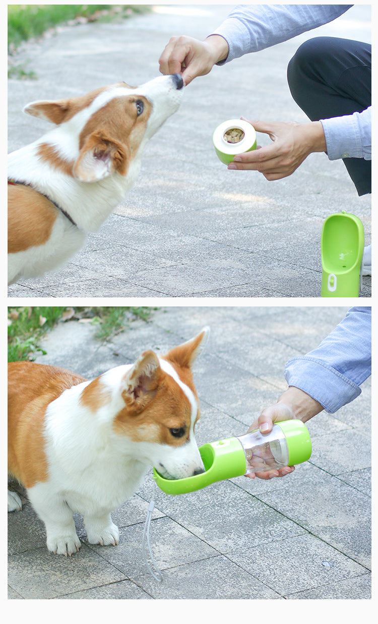 Teal Winterberry portable pet food and water bottle with a foldable bowl, ideal for outdoor walks with dogs or cats.