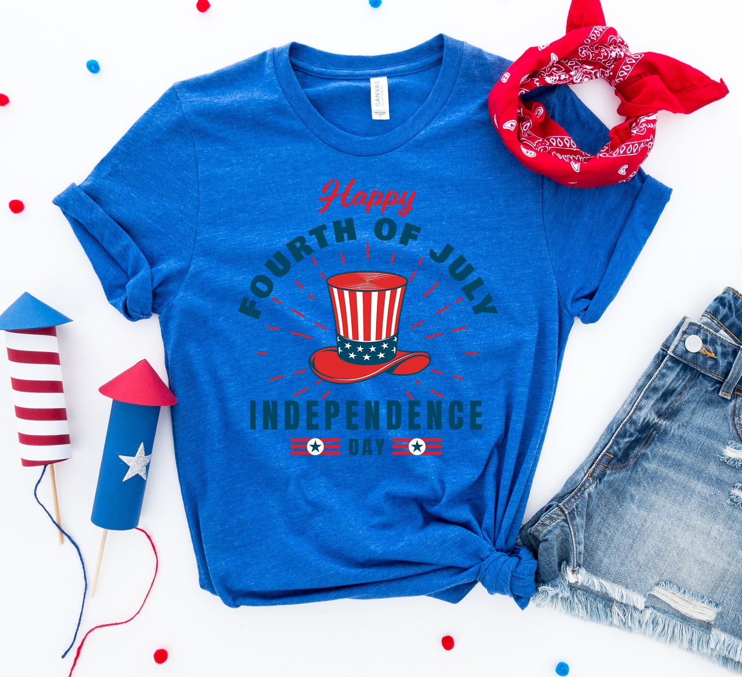 Red and white Happy Fourth of July T-shirt by Agate featuring patriotic stars and stripes design, casual fit and soft fabric.