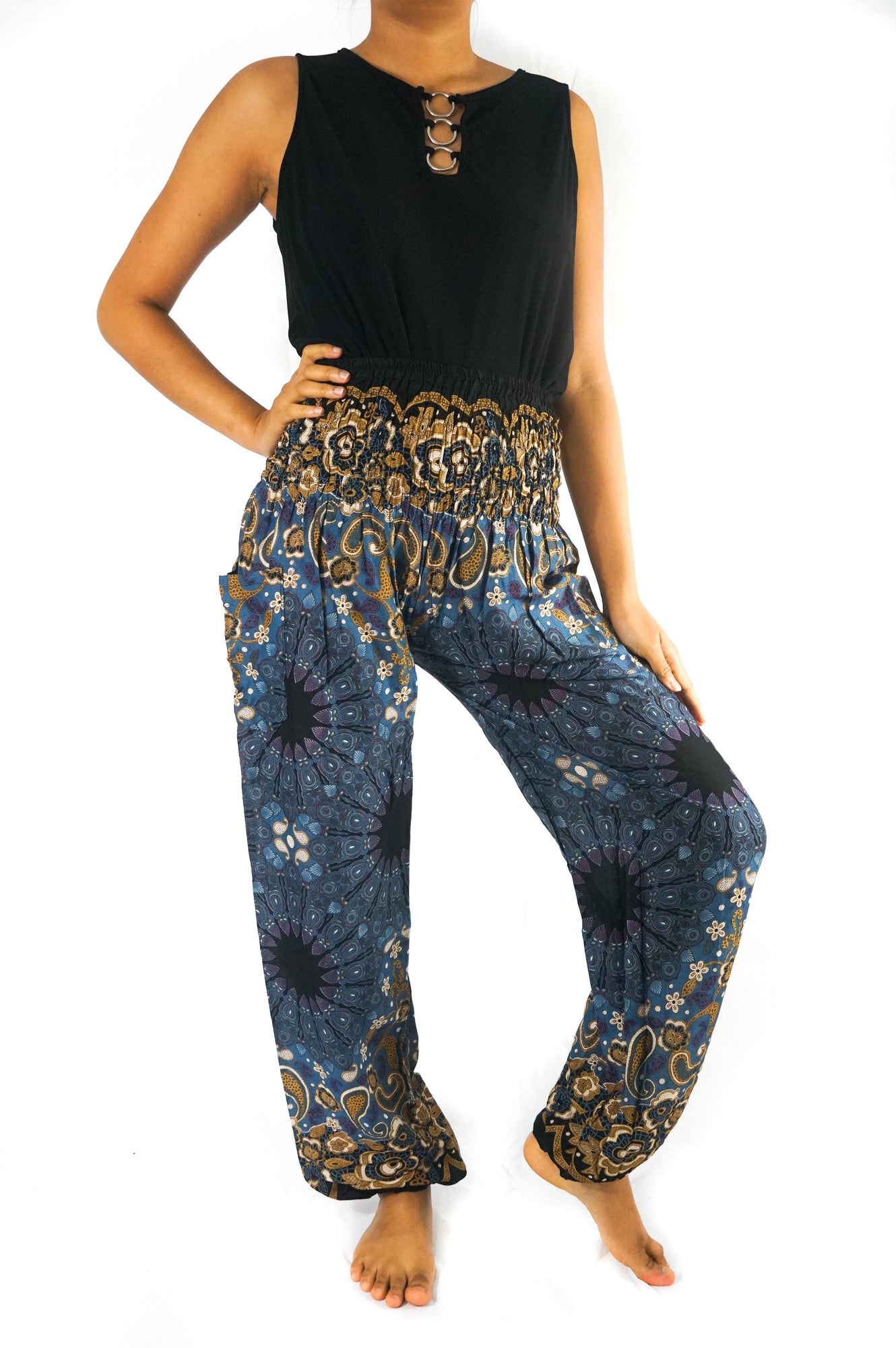 Blue Mandala boho pants for women, Tan Smokey yoga and hippie pants with vibrant mandala patterns and relaxed fit.