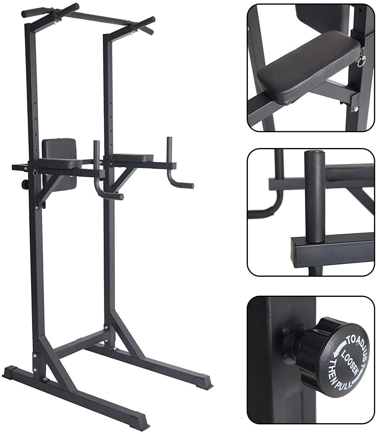 Teal Simba Power Tower pull-up and dip stand for strength training, featuring workout bars and sturdy frame for home gym use.