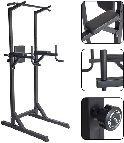 Teal Simba Power Tower pull-up and dip stand for strength training, featuring workout bars and sturdy frame for home gym use.