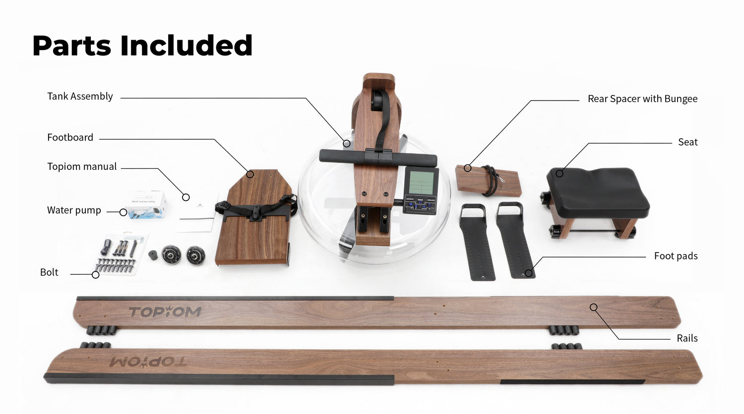 Olive Nyx Topiom rowing machine for home with solid wood construction and TM3 monitor, showing the machine&