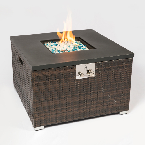 Dark brown wicker outdoor gas fire pit table with square shape, perfect for garden or patio spaces by Teal Simba.