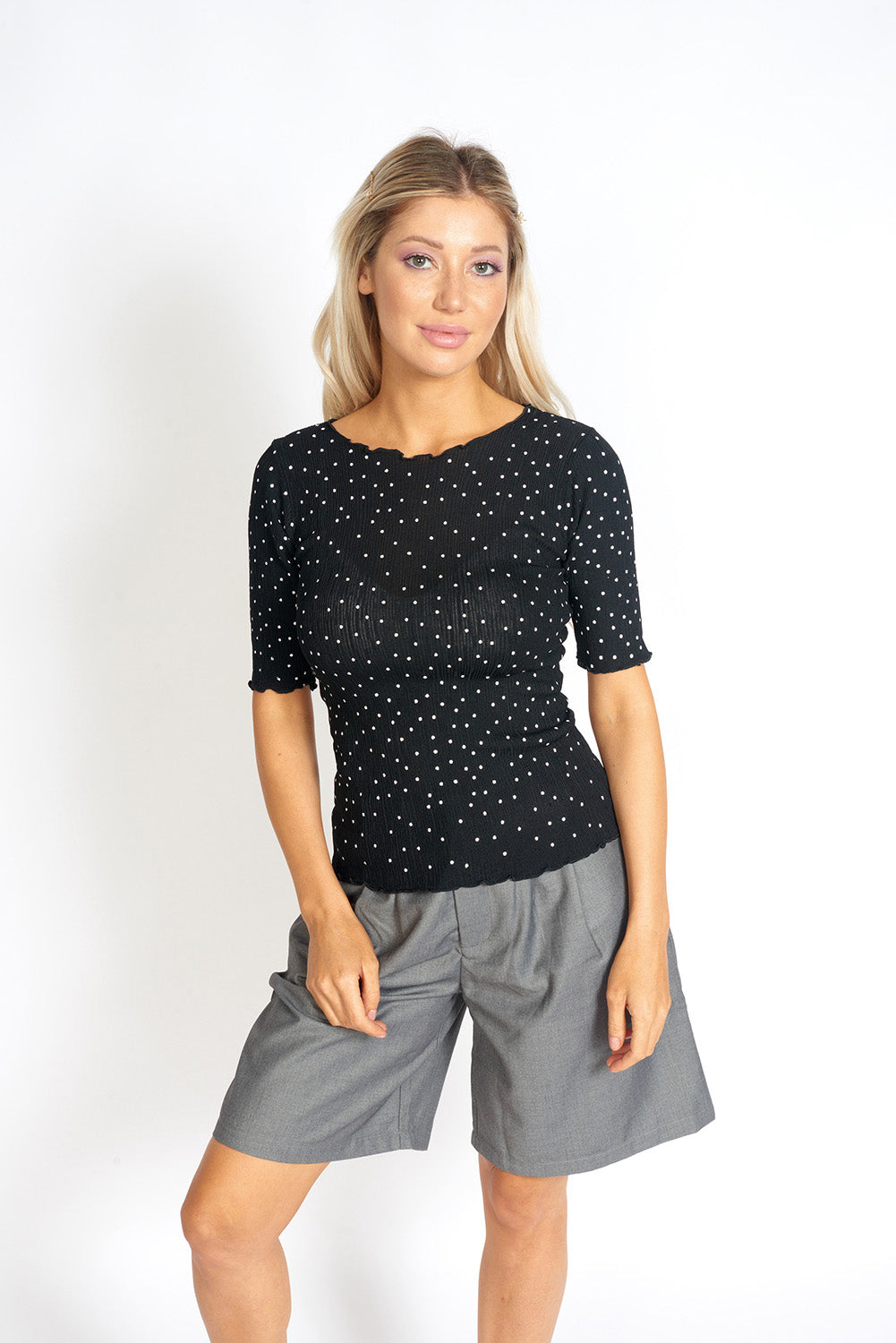 Azure Thanatos So Sweet Frill Polka Dots Top featuring ruffled details and a playful polka dot pattern, perfect for casual wear.