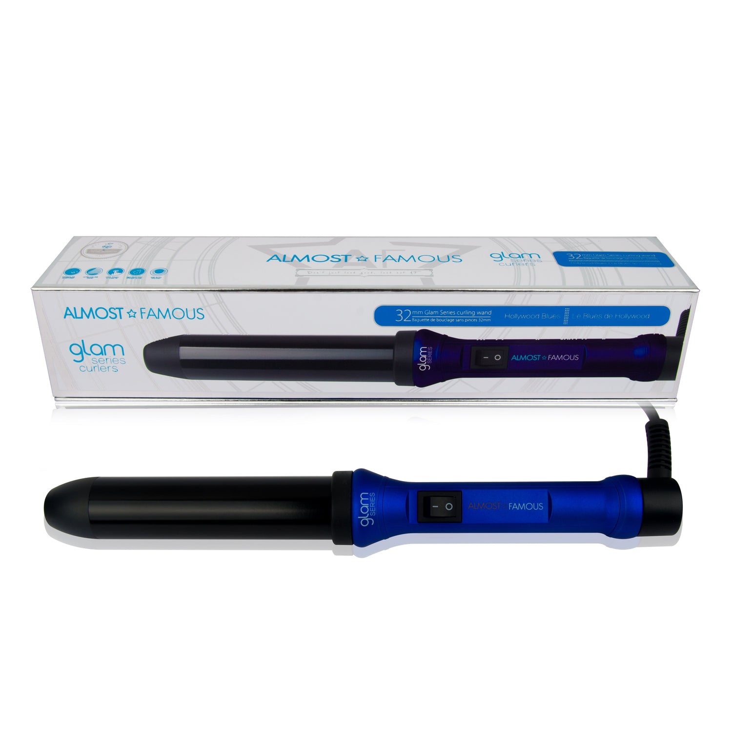 Sky Blue Thrace Almost Famous 32mm Glam Series curling wand with gem-infused barrel for shiny, styled curls in haircare.