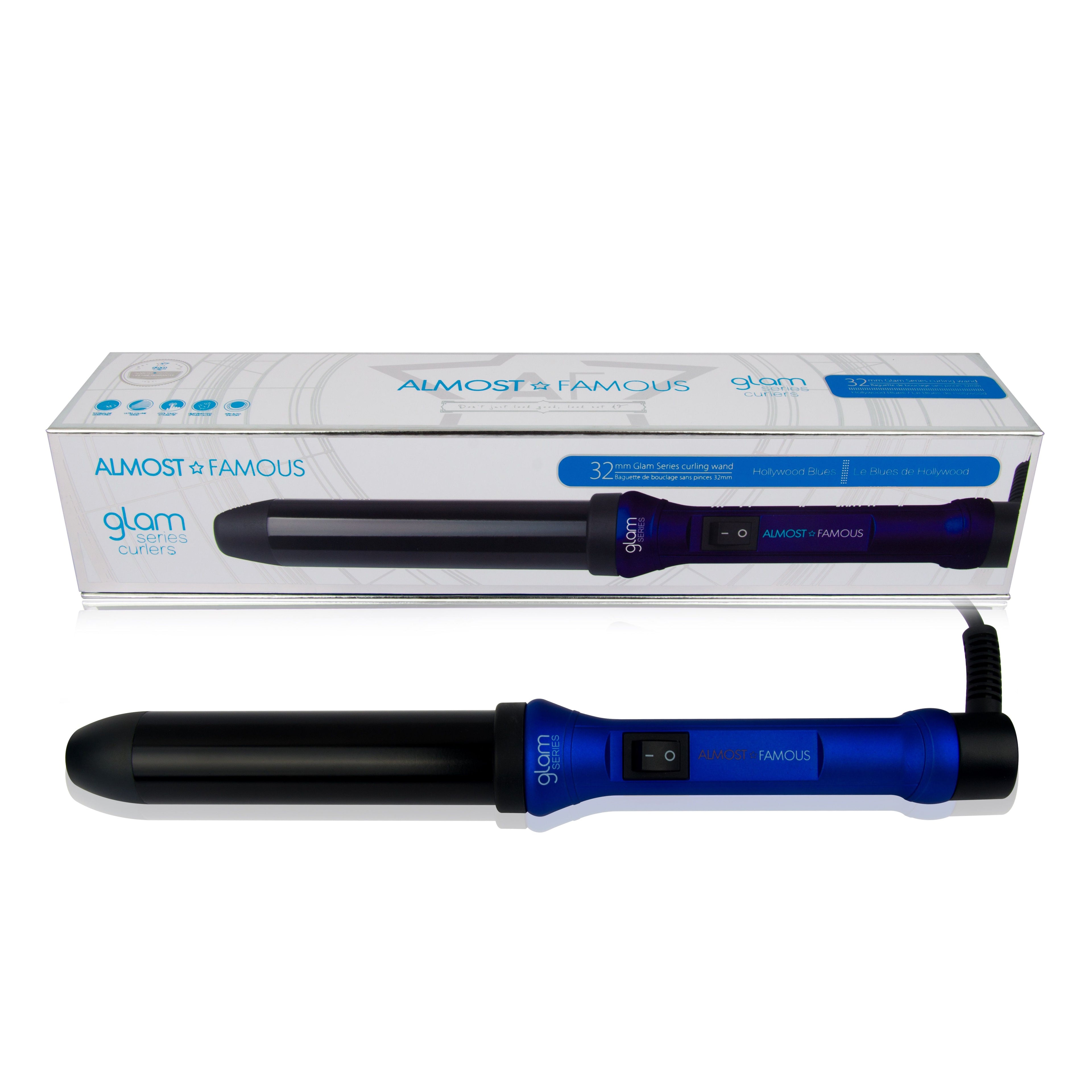 Sky Blue Thrace Almost Famous 32mm Glam Series curling wand with gem-infused barrel for shiny, styled curls in haircare.