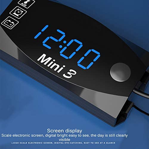 Teal Simba 3-in-1 automotive voltmeter, clock, and thermometer display for cars and motorcycles showing digital readouts.