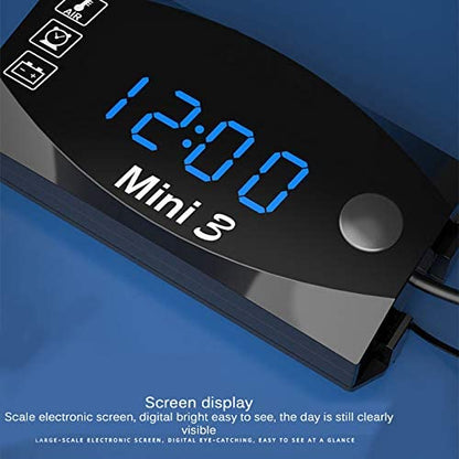 Teal Simba 3-in-1 automotive voltmeter, clock, and thermometer display for cars and motorcycles showing digital readouts.