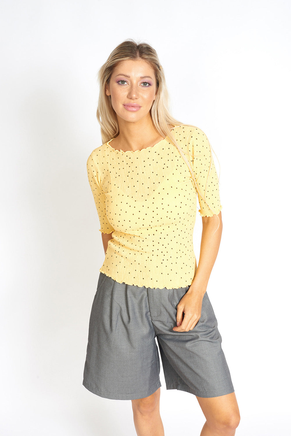 Azure Thanatos So Sweet Frill Polka Dots Top featuring ruffled neckline and playful polka dot pattern, perfect for casual wear.