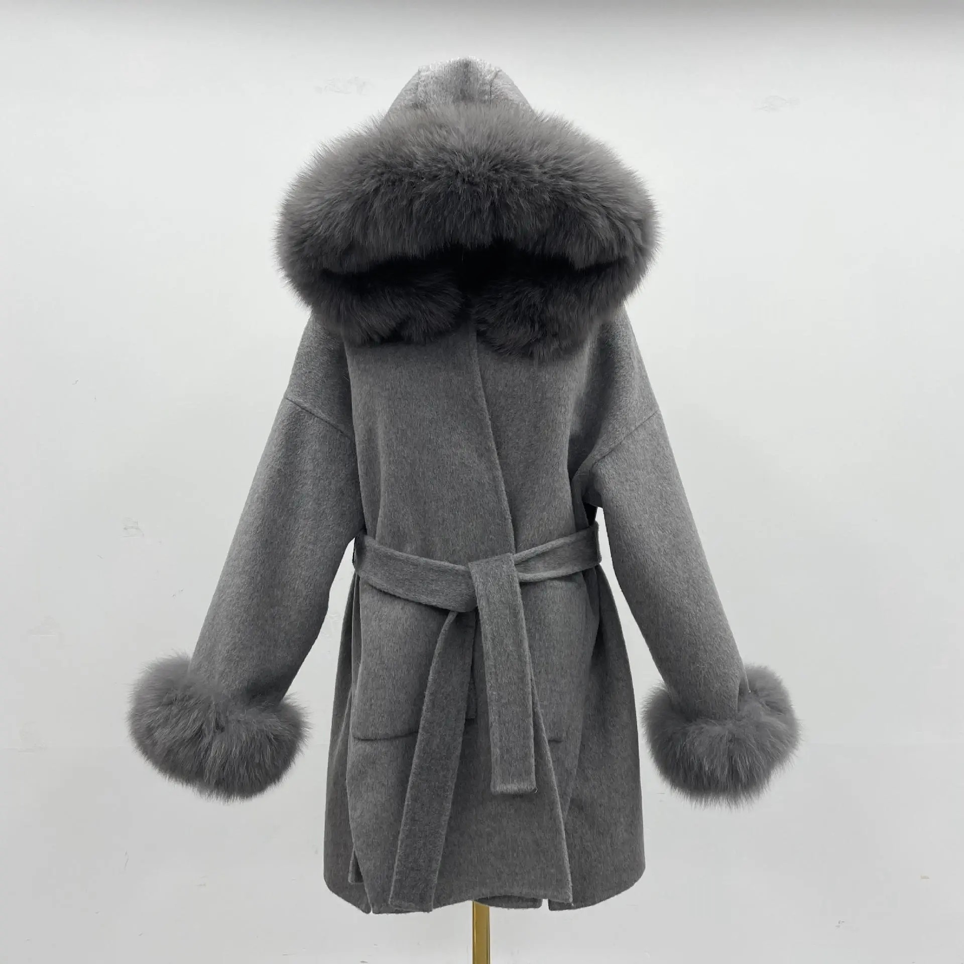 Carmine Juneberry oversized wool coat with hood, double-sided fur collar, stylish and warm jacket for winter wear