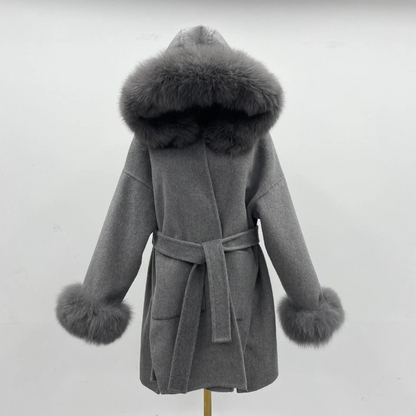 Carmine Juneberry oversized wool coat with hood, double-sided fur collar, stylish and warm jacket for winter wear