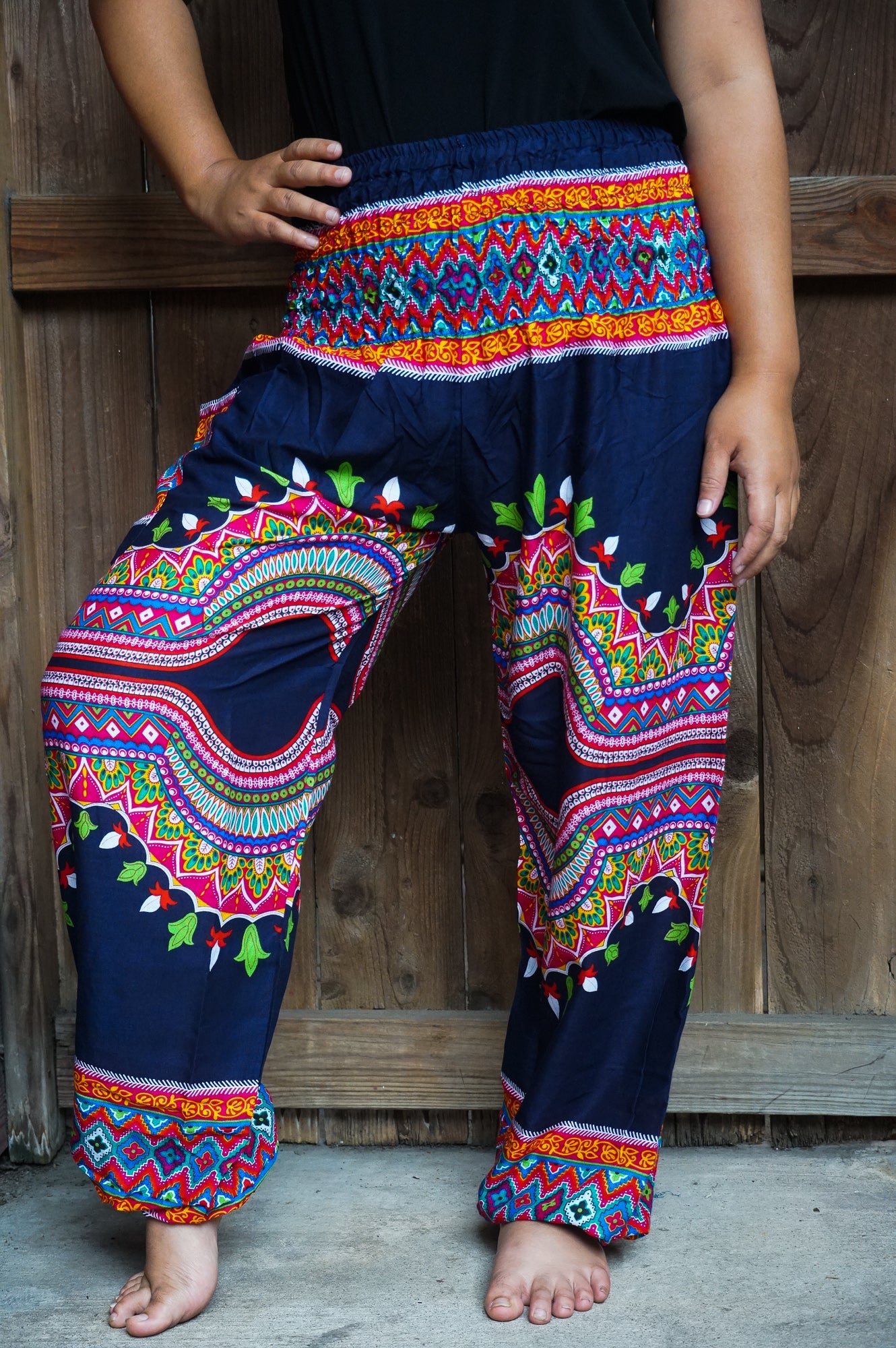 Tan Smokey tribal harem pants with boho style, featuring a relaxed fit, vibrant patterns, and lightweight fabric.