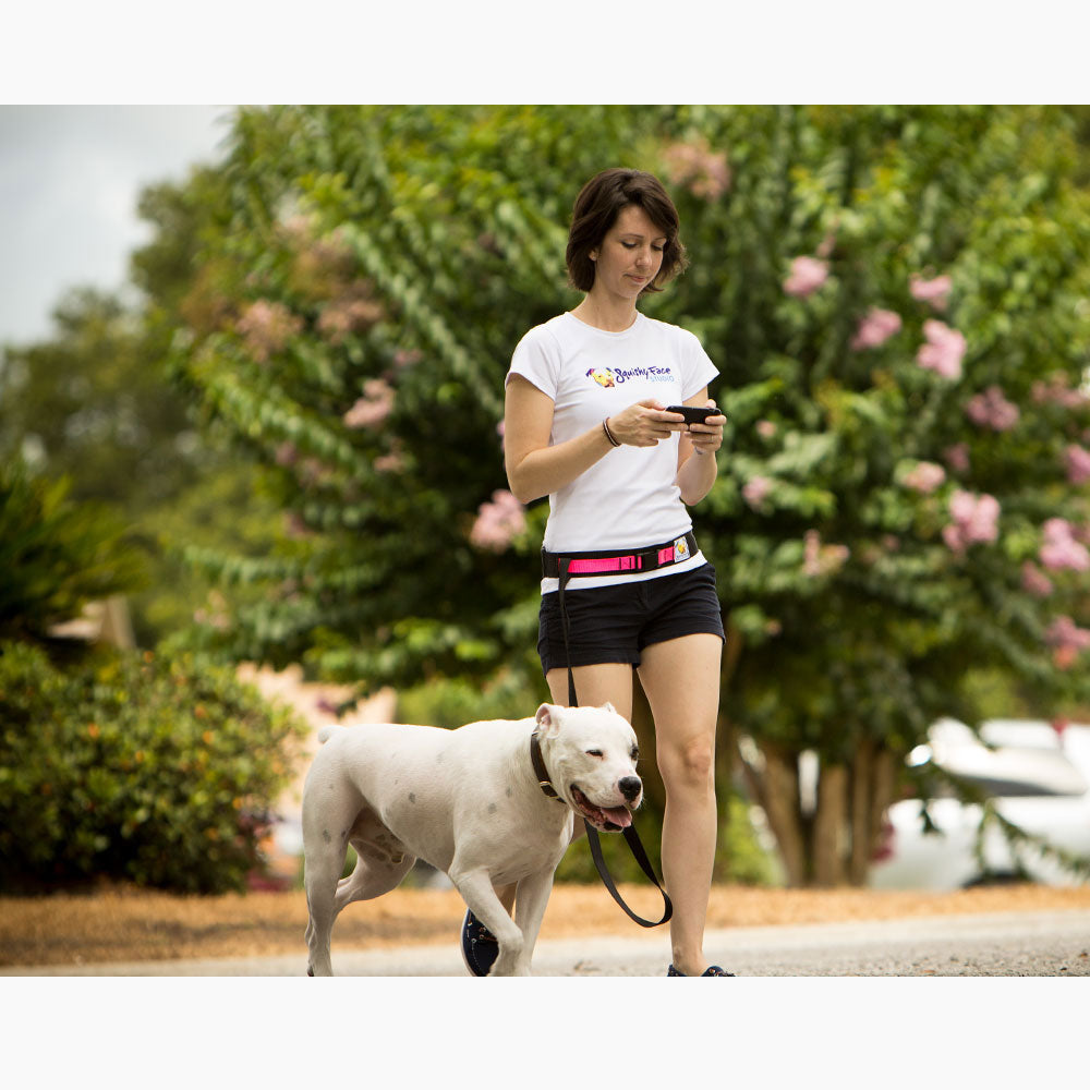 Purple Medea Squishy Face Studio leash belt for hands-free dog walking, with adjustable straps and comfortable design.