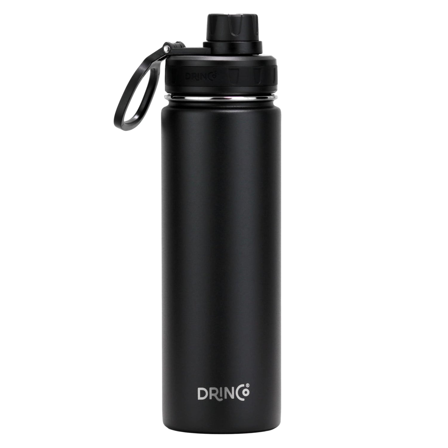 Black DRINCO® 22oz stainless steel sport water bottle with a sleek design, featuring a screw-on lid and ergonomic grip.
