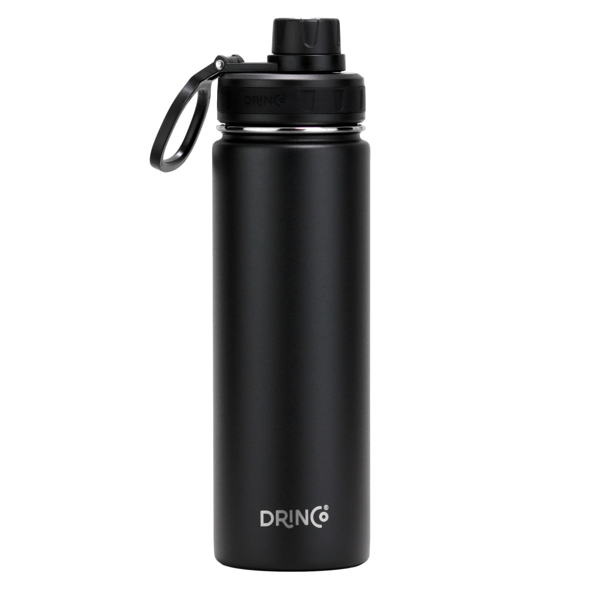 Black DRINCO® 22oz stainless steel sport water bottle with a sleek design, featuring a screw-on lid and ergonomic grip.