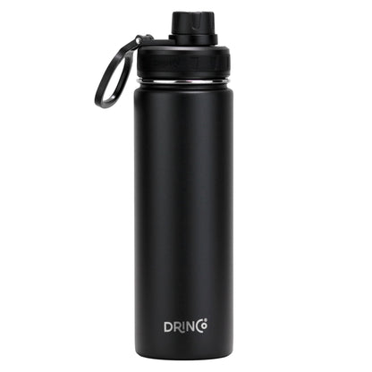 Black DRINCO® 22oz stainless steel sport water bottle with a sleek design, featuring a screw-on lid and ergonomic grip.