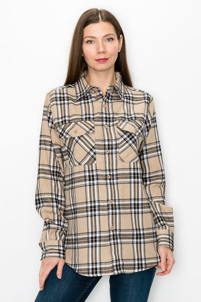 Lime Milo oversized boyfriend plaid checkered flannel top, casual blouse with a relaxed fit and classic pattern.