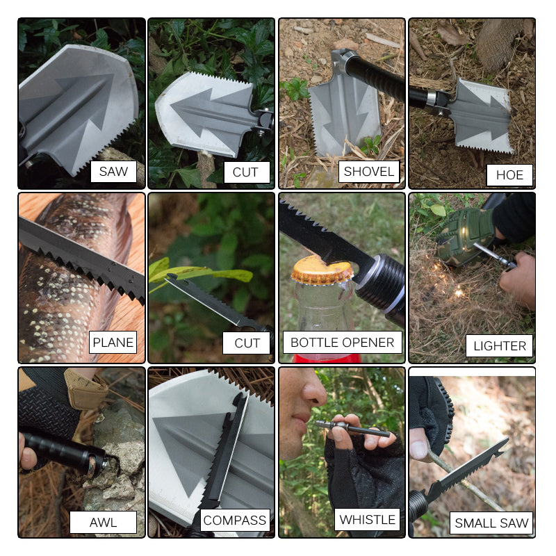 Teal Simba multifunctional folding survival shovel with ergonomic handle, ready for outdoor camping and outdoor adventure activities.