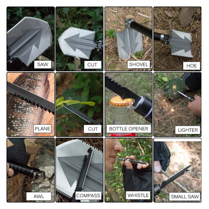 Teal Simba multifunctional folding survival shovel with ergonomic handle, ready for outdoor camping and outdoor adventure activities.