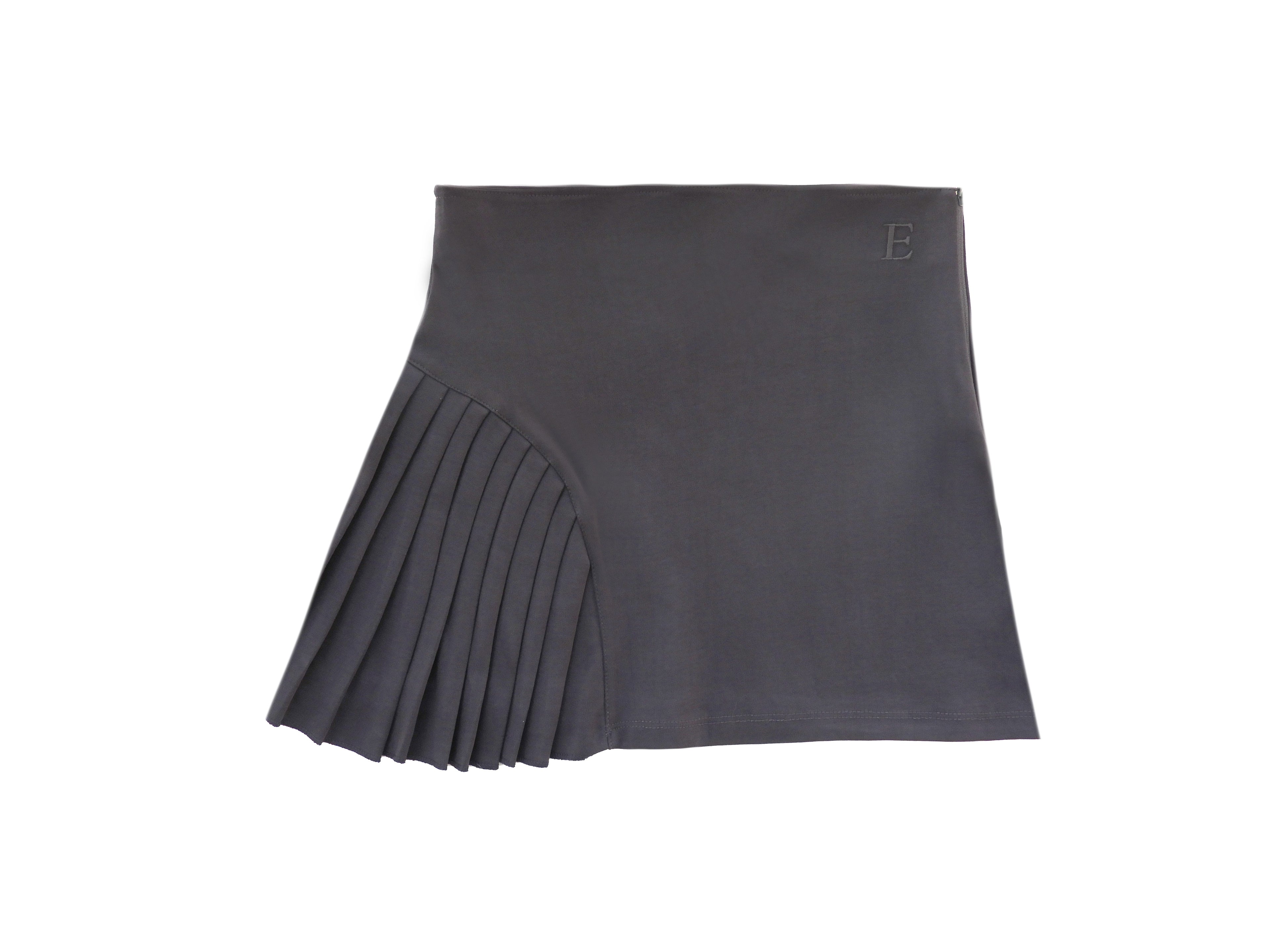 Emerald Hephaestus half-pleated mini skirt in black, showcasing its stylish design and lightweight fabric.