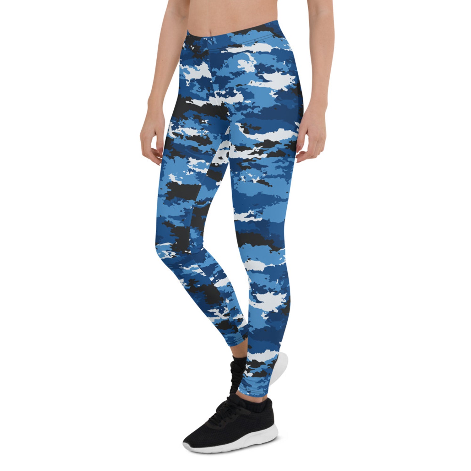 Blue camo sports leggings by Maroon Sooty, featuring a fitted design and camouflage pattern, perfect for active wear.
