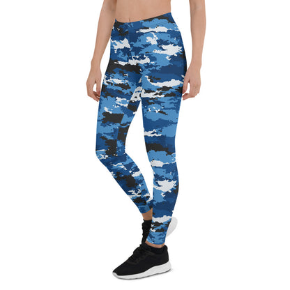 Blue camo sports leggings by Maroon Sooty, featuring a fitted design and camouflage pattern, perfect for active wear.