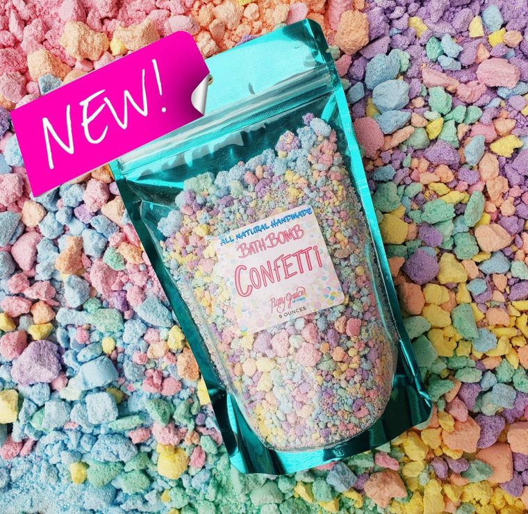 Colorful Orchid Missy Bath Bomb Confetti with rainbow-colored confetti pieces for a vibrant bath experience.