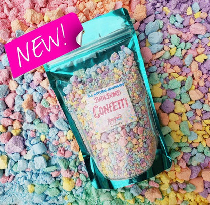 Colorful Orchid Missy Bath Bomb Confetti with rainbow-colored confetti pieces for a vibrant bath experience.