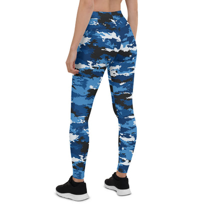 Maroon Sooty blue camouflage sports leggings showing a close-up of the fitted, stretchy fabric with bold camo pattern